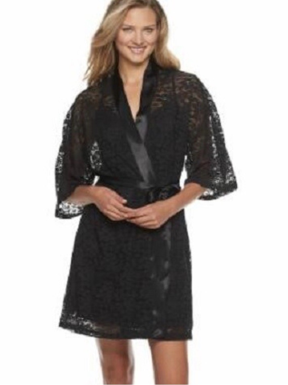 Apt. 9 Black Lace Kimono Robe with Satin Trim